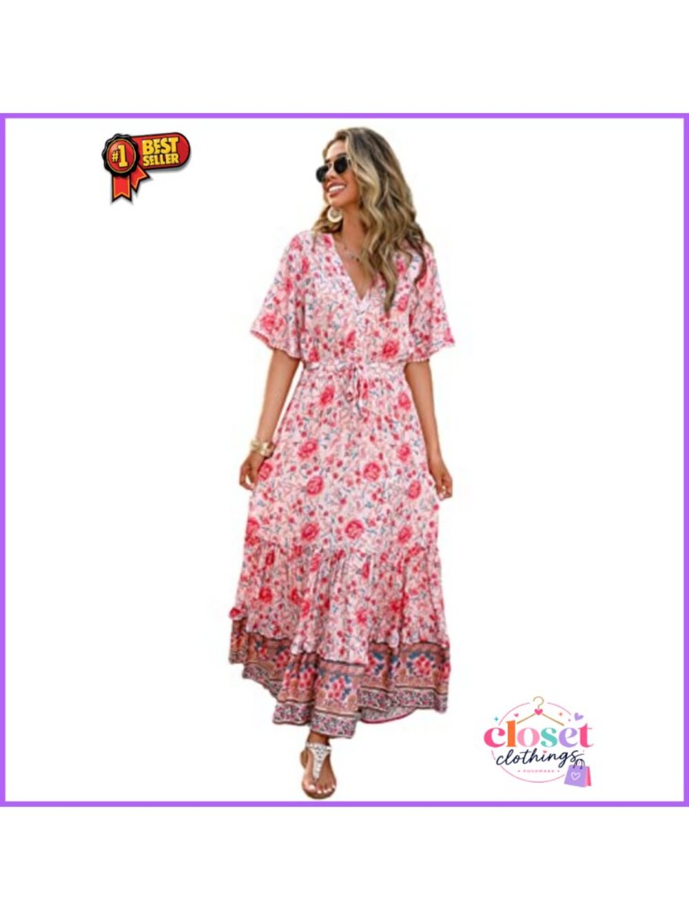 V Neck Floral Print Boho Midi Dress Ruffle Hem Rayon Cotton